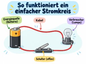 Ein einfacher Stromkreis mit Batterie, Lampe, Kabeln und Schalter
