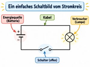 Ein einfaches Schaltbild von einem Stromkreis mit Stromquelle, Verbraucher, Leitung und Schalter